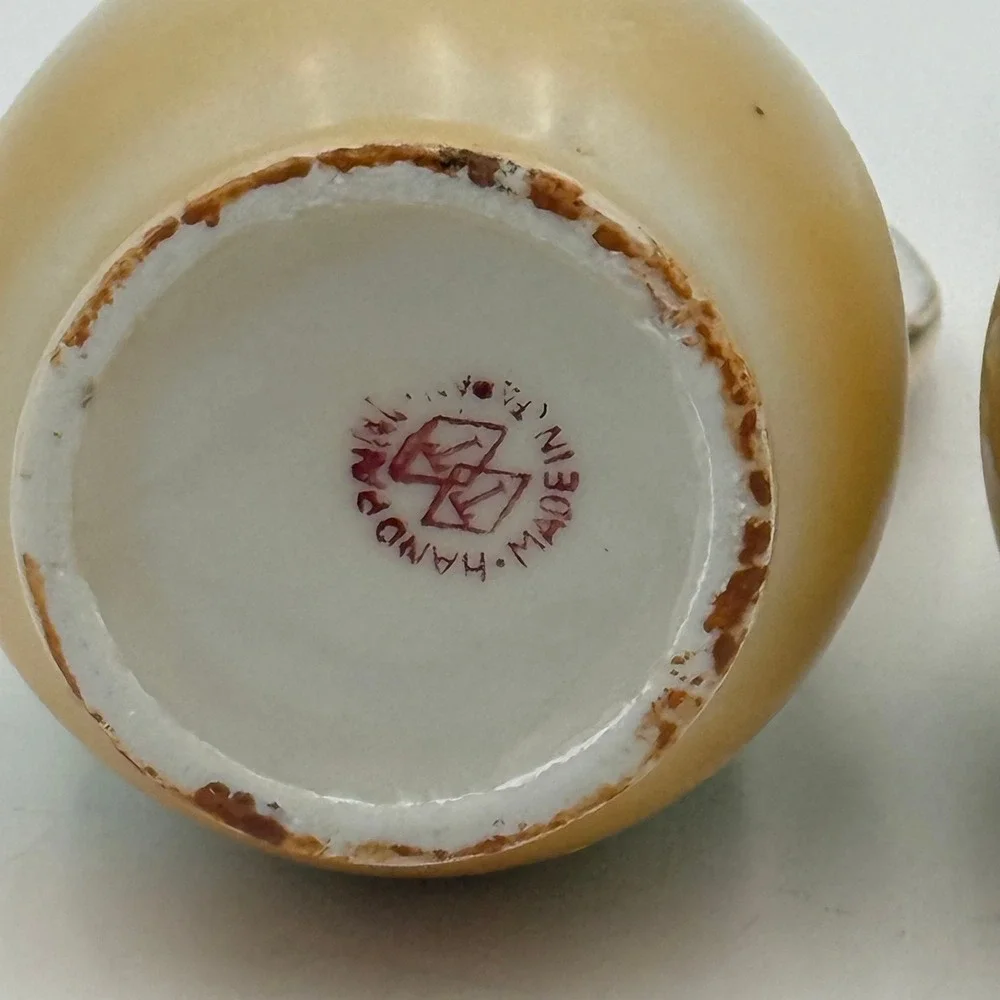 Vintage Hand Painted Japan Porcelain Windmill Cruet Set Gold Handle 2pc